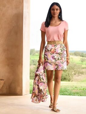 Boston Proper Print Pull-On Denim Skort Skirt St Tropez Abstract Size 10